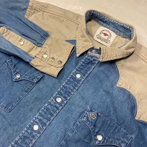 Vintage Denim Canvas Two‎ Tone Shirt Men's 2XL Pearl Snap Single Point Pockets